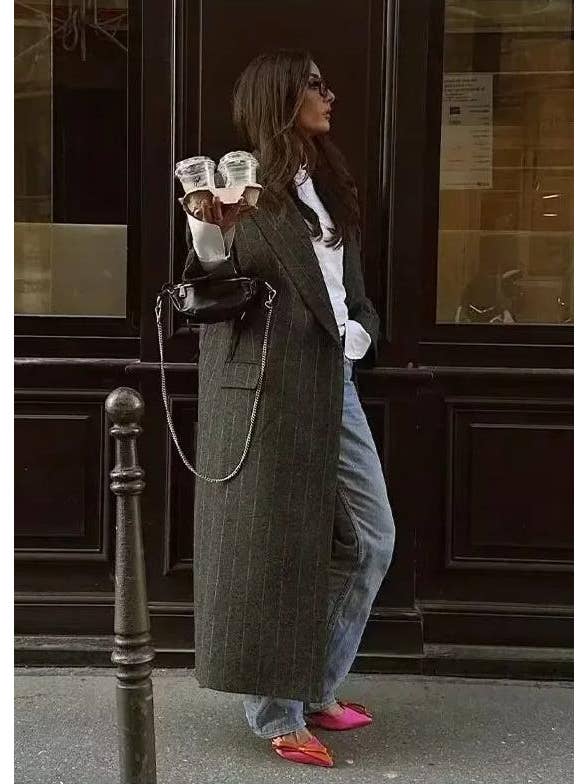 Black Pinstripe Long Woolen Coat - Elegant and Minimalist for wholesale on Faire