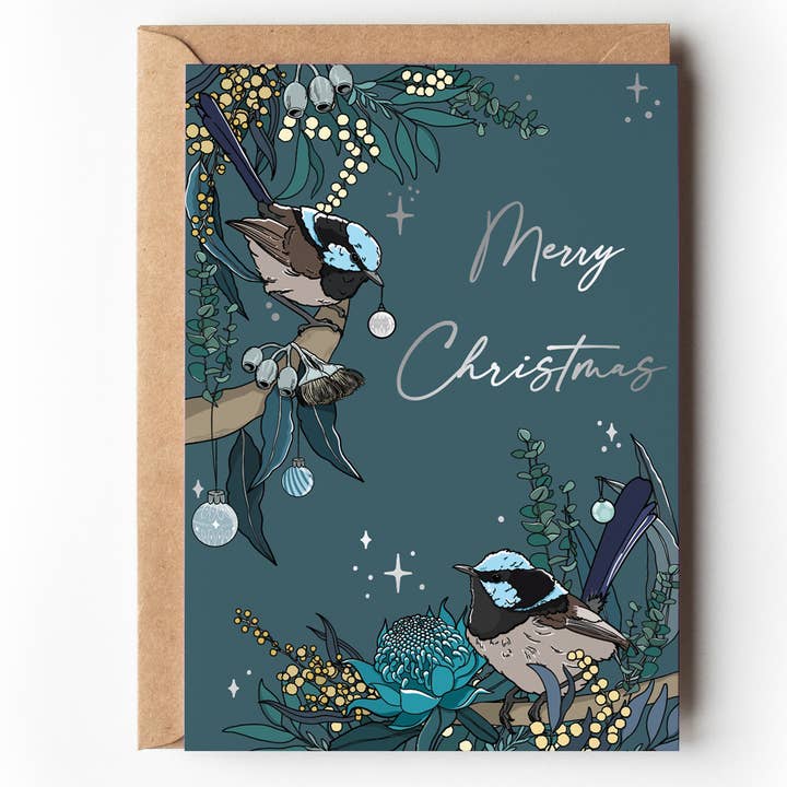 Blue Wrens Christmas Card - Silver Foil for wholesale by Little Green Mini Creative