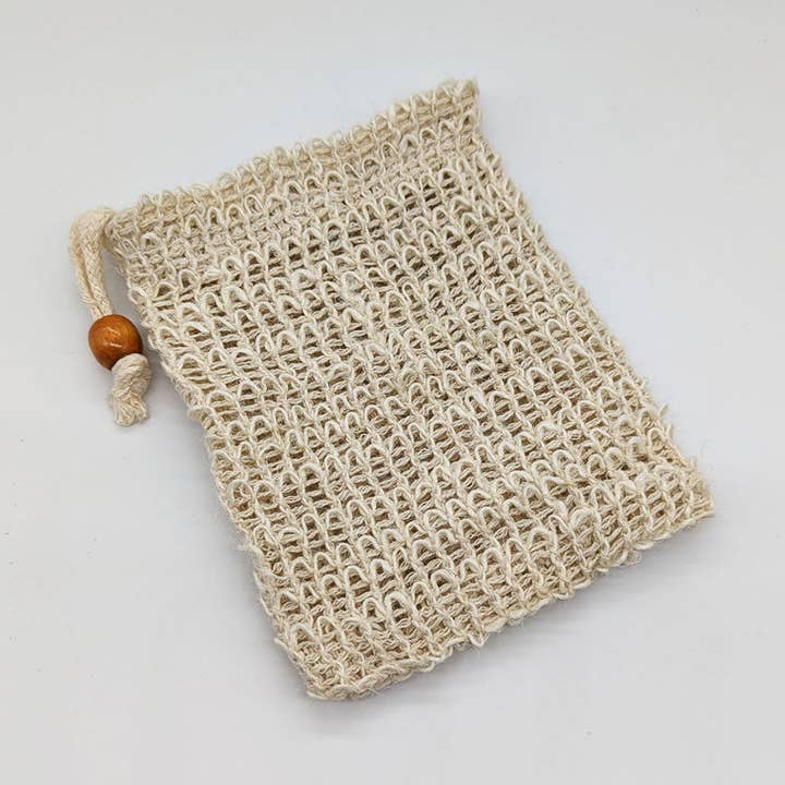 Sisal Exfoliating Soap Pouch with Wooden Bead for wholesale by Hyssop Beauty Apothecary