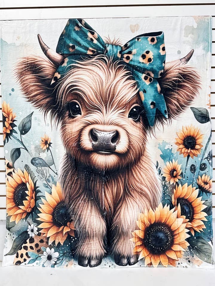 HIGHLAND COW SUNFLOWER WESTERN FLANNEL BLANKET for wholesale by DESHENG ENTERPRISE
