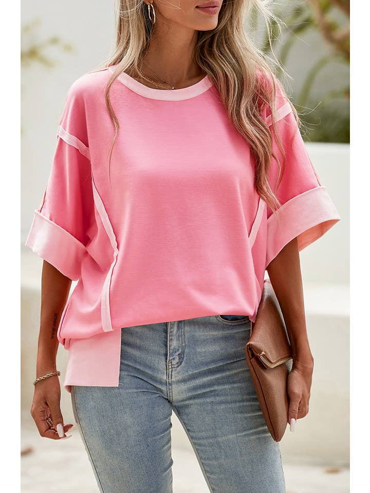 Little Daisy Closet - Wholesale Knit Top - Women's - LDC Half Sleeve Raw Seam High Low Side Split Top