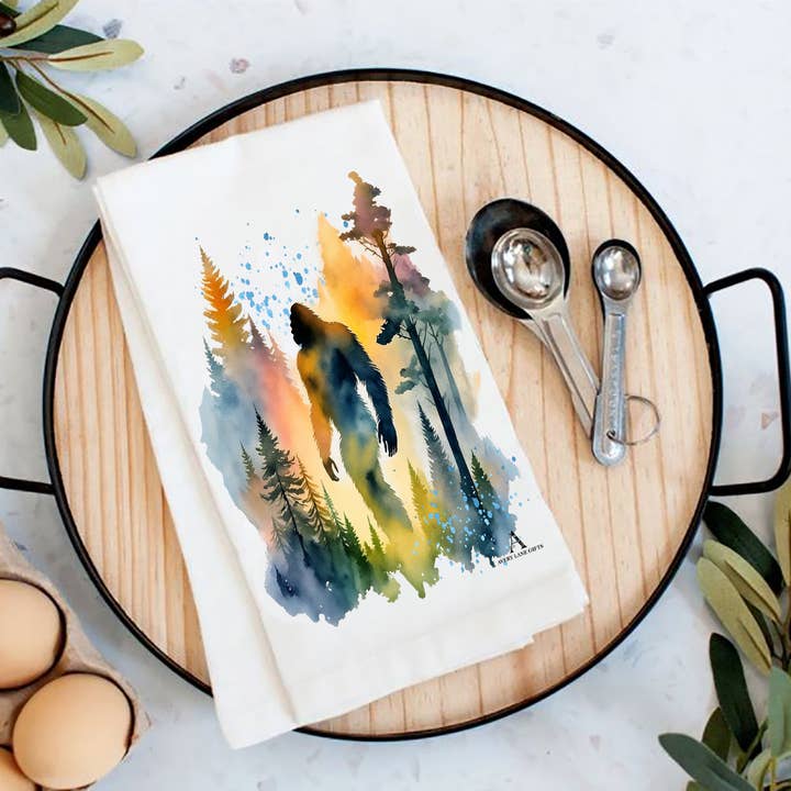 Sasquatch Big Foot Watercolors Tea Towel for wholesale by Avery Lane Gifts