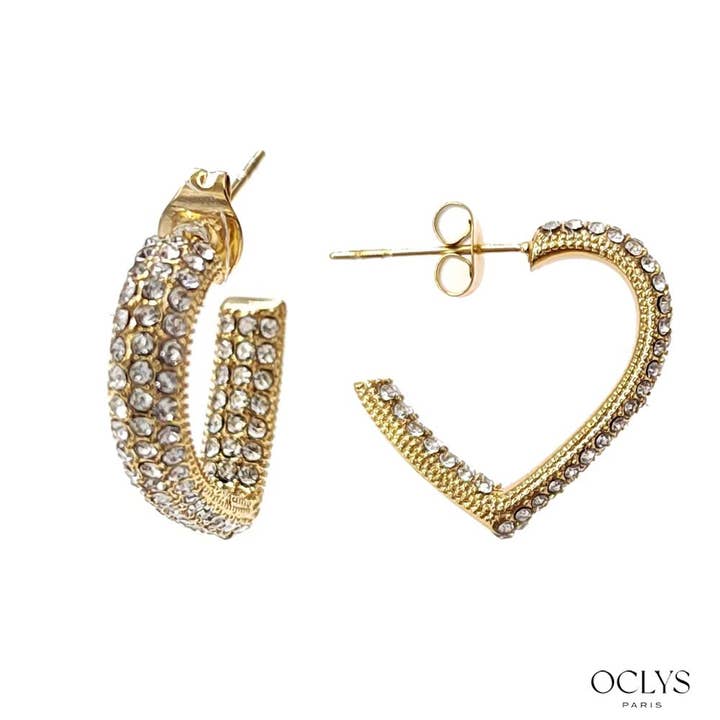 Oclys - Wholesale Stud/Post Earrings - Nini stainless steel heart earrings with rhinestones1