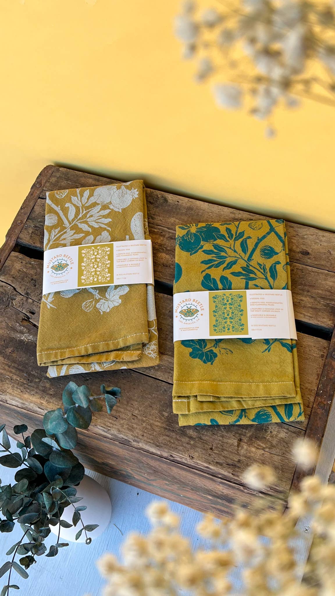 Mustard Beetle - Wholesale Tea Towel - Hand Dyed + Screenprinted Organic Cotton Tea Towel: Figs4