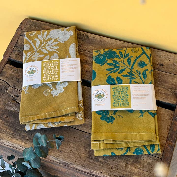 Mustard Beetle - Wholesale Tea Towel - Hand Dyed + Screenprinted Organic Cotton Tea Towel: Figs4