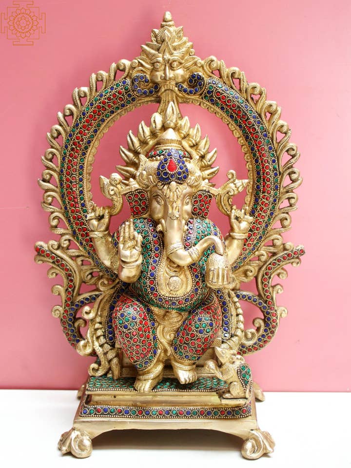 16" Lord Ganesha zittend op de troon van Kirtimukha | Koperen beeld voor wholesale door Exotic India Art