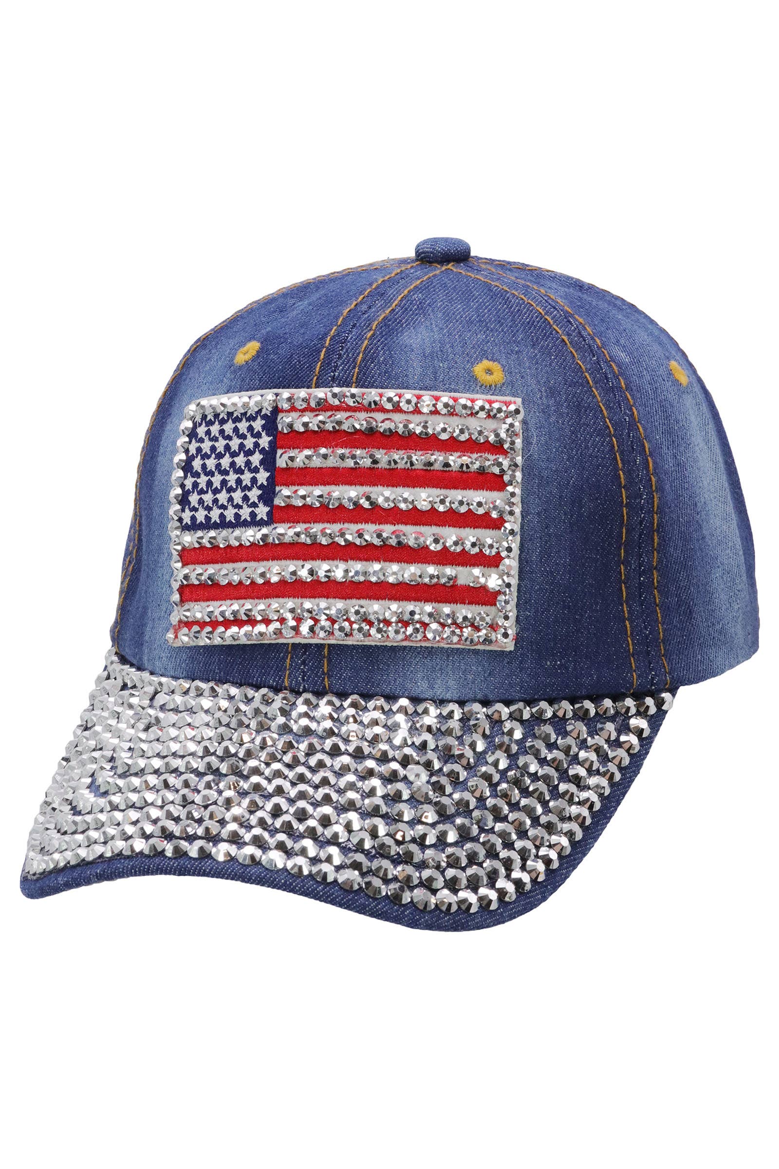 Cap Zone - Wholesale Baseball Cap - Women's - American Flag Bling Patch Denim Baseball Cap0