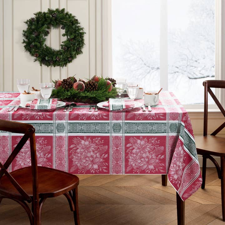 Poinsettia Plaid Jacquard Holiday Cotton Tablecloth for wholesale by Threadmade Home