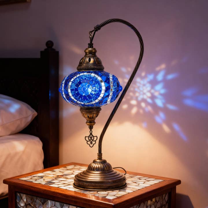 Mozaist Handmade Turkish Mosaic Swan Table Lamp Blue for wholesale by Mozaist LLC