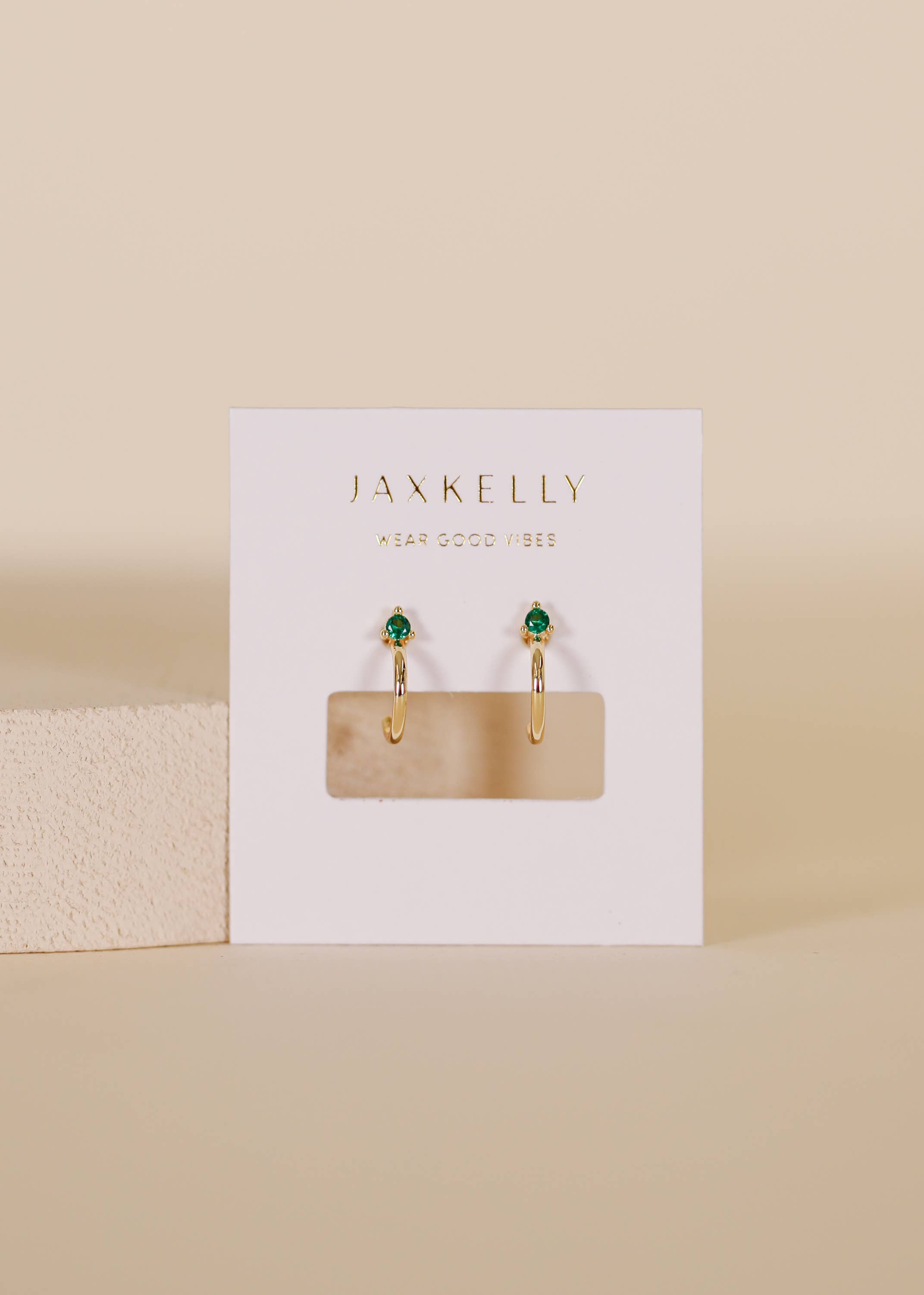 JaxKelly - Wholesale Hoop Earrings - Open Mini Hoop Earrings - 18k Gold - Green Emerald