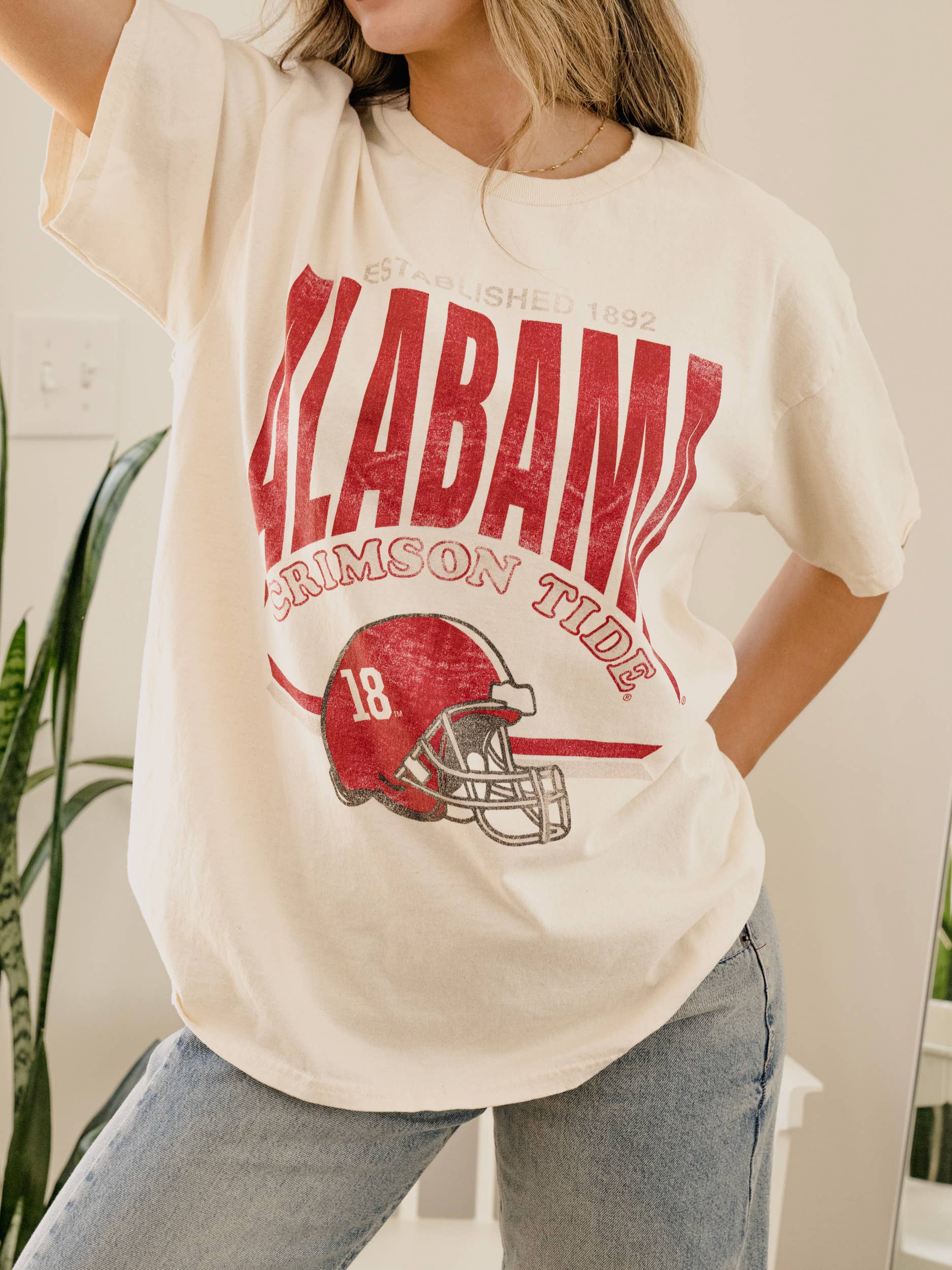 LivyLu - Wholesale Screen Printed T-Shirt - Unisex - Bama Crimson Tide Established Helmet Off White Thrifted Tee2