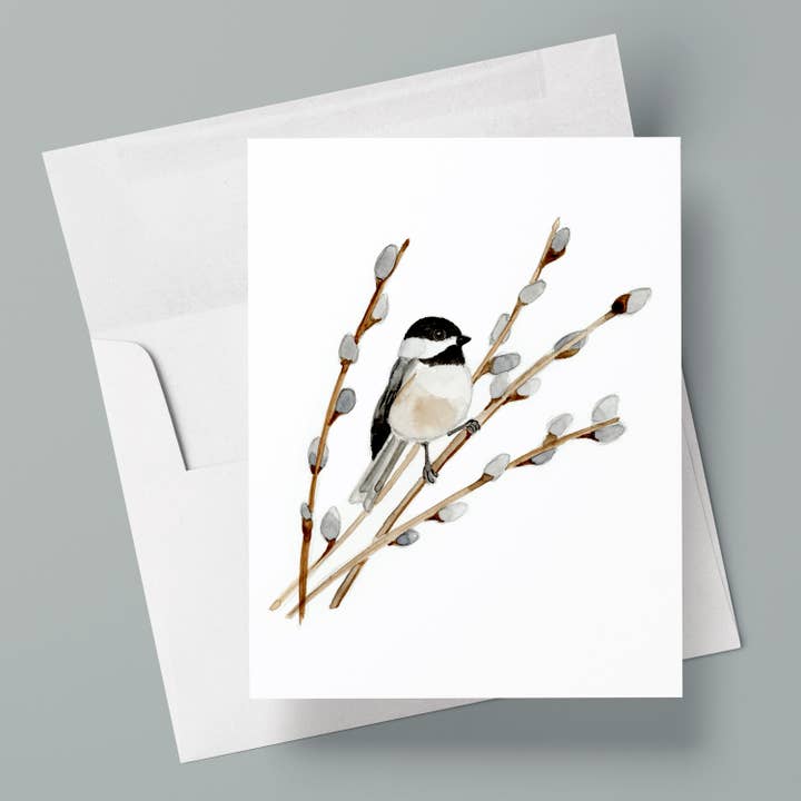 Chickadee and Pussywillows/Tarjeta de felicitación en blanco para venta al por mayor de Kasey Melissa Art