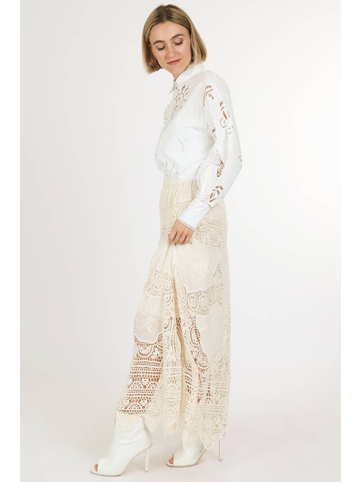 Natural Hollow Out Embroidered Net High-Waisted Maxi Skirt QM5006 for wholesale on Faire2