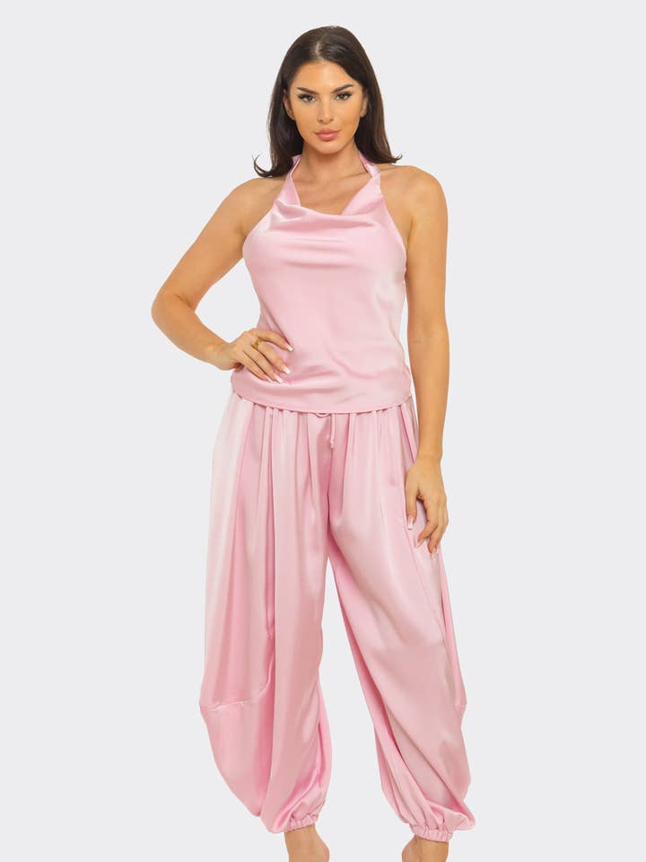 Satin Front Cowl Neck Top And Bubble Hem Jogger Pants Set for wholesale by Julia by LoveJ