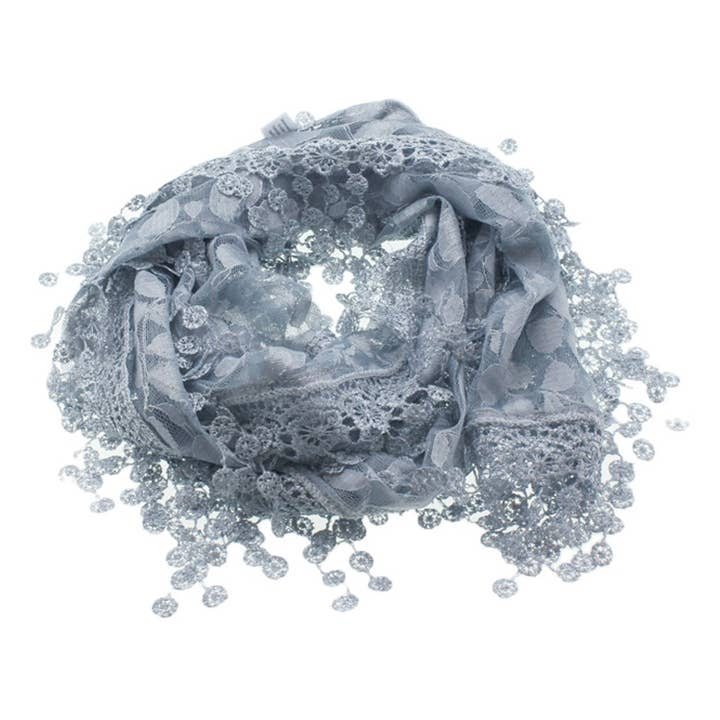 Jasper Trading LLC - Wholesale Scarf - Women's - S2149_GREY - One Piece Leaf Pattern Lace Scarf with Tassels2