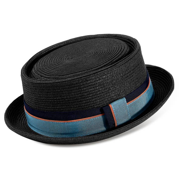 Summer Straw Braid Pork Pie Boater Derby Sun Hats-Black for wholesale by Ruediger Hats