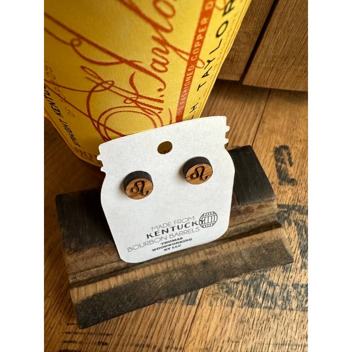 TWWKY - Wholesale Stud/Post Earrings - Leo Zodiac Reclaimed Kentucky Bourbon Barrel Earrings2