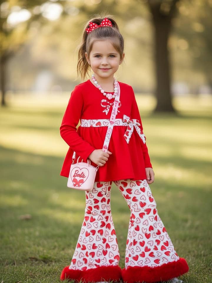Red tunic with heart printed sash & bell bottoms. OFG60216 JEAN for wholesale by Kids Charm Online