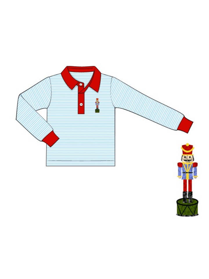 The Smocked Flamingo - Wholesale T-Shirt - Kids - French Knot Nutcracker Blue Stripe Knit Long Sleeve Golf Shirt