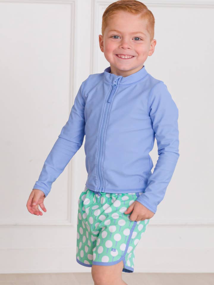 Green Boys Tee Time Dolphin Hem Swim Trunks for wholesale on Faire
