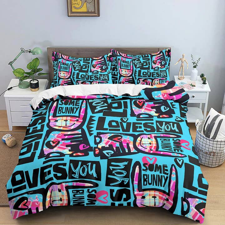 Bunny Loves You Funky Design Sängkläder, Unikt påslakan, Neon sängkläder med örngott, Dragkedja sängkläder, King Queen Full Twin för wholesale av daintyduvet