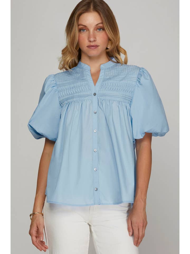 Peace Love Line – wholesale Blouse – Women’s – PL5241 - STAND NECK PINTUCK DETAIL WOVEN TOP