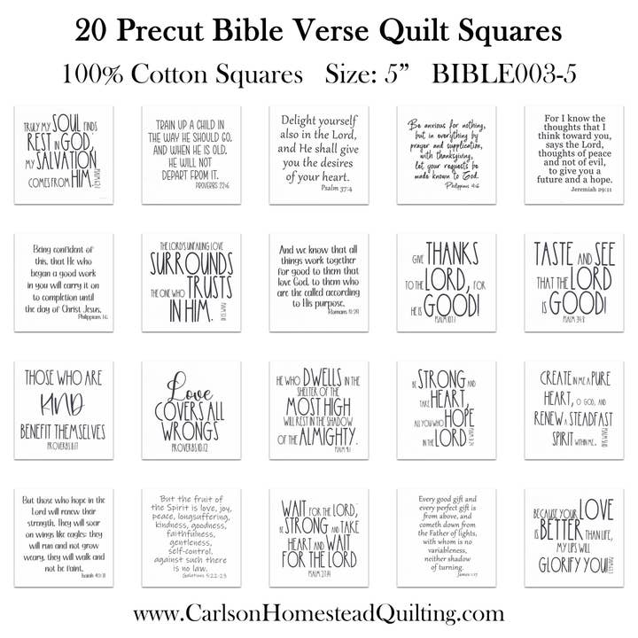 Carlson Homestead Quilting - Wholesale Fabric - Set of 20 Scripture Bible Verse Precut Quilt Squares