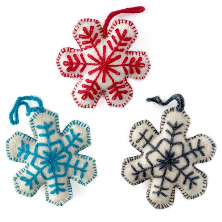 Snowflake Embroidered Wool Christmas Ornament, Solid Color for wholesale by Ornaments 4 Orphans