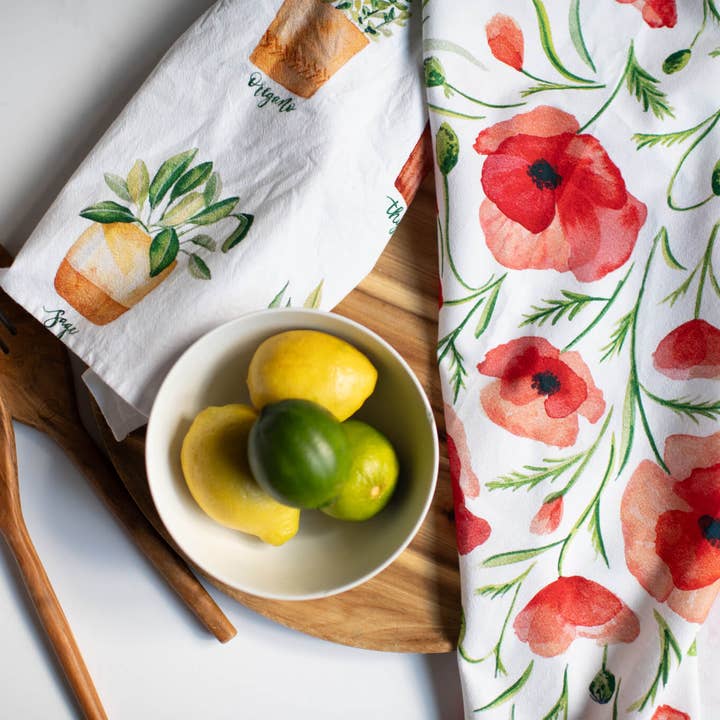 Watercolor Wednesday - Wholesale Tea Towel - Red Poppy Tea Towel | Watercolor Wildflower Kitchen Towel