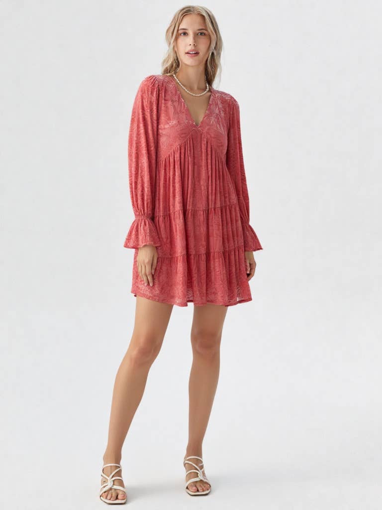 VERY J - Wholesale Dress - Women's - ND31023-Deep V-neck Jacquard Velvet Holiday Mini Dress6