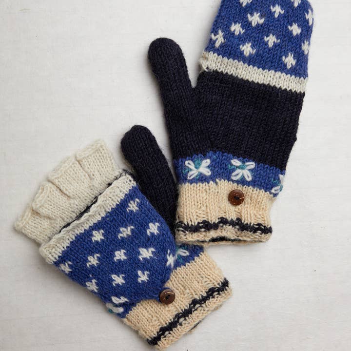 By Many Hands - Wholesale Mittens - Women's - Alpine Villa Blue Embroidered Knit Convertible Mittens