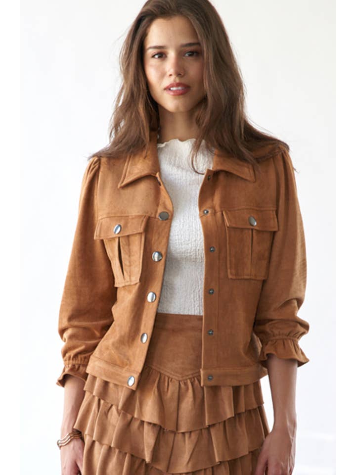 CAMEL SUEDE CROPPED JACKET UTILITY POCKETS (ST7186) for wholesale on Faire