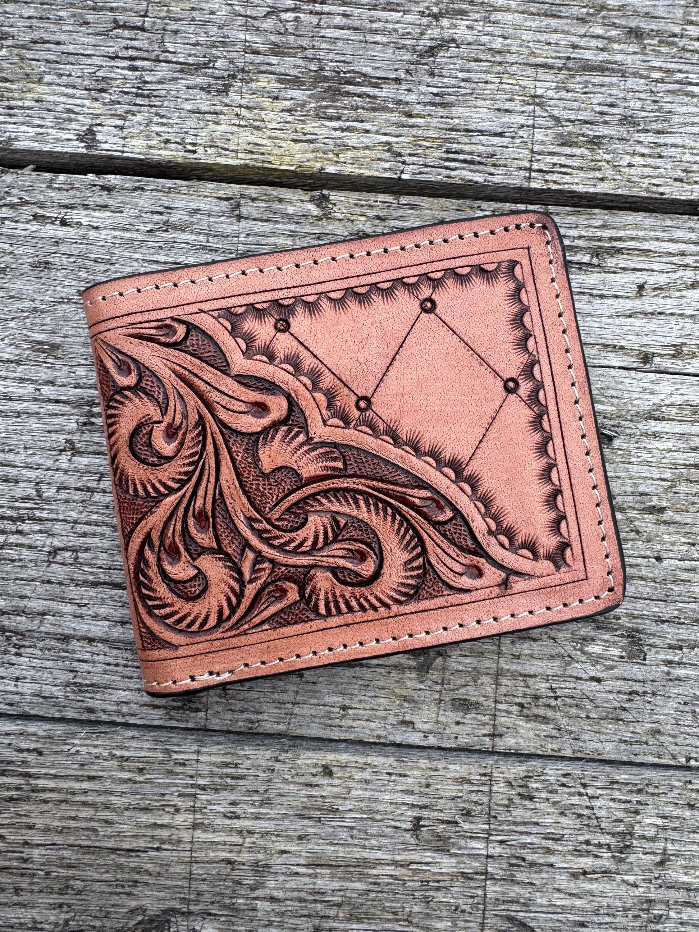 Double B Wild Rags - Wholesale Wallet - Men's - Men’s Western bi-fold wallet tooled floral Cow Skull Aces Cards details by Double B Wild Rags4