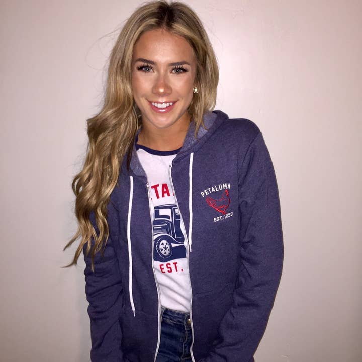 Heather Navy Zip Hoodie Custom Embroidered Luma Vintage Petaluma Chicken Logo- Custom Order for wholesale by Luma Vintage