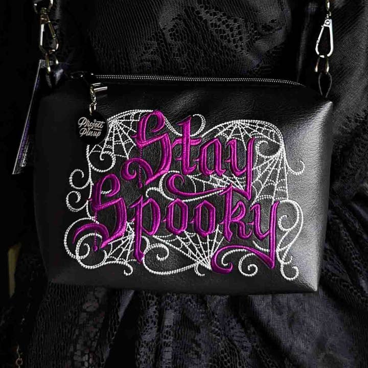 Black and Wine Stay Spooky Embroidered Small Crossbody Bag – Handmade, Vegan Leather, Gunmetal Hardware for wholesale by Project Pinup