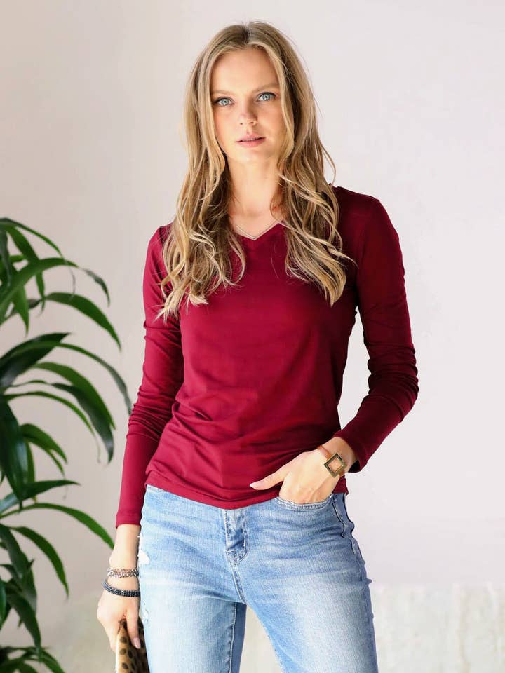42POPS - Wholesale T-Shirt - Women's - '.Microfiber Long Sleeve V-neck Tee