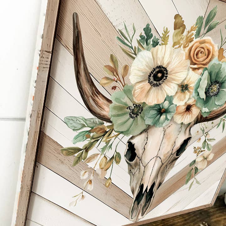 TX USA Corporation - Wholesale Door Hanger - Summer Western Cow Skull Door Hanger – Floral Boho Wall Sign for Front Door or Indoor Decor | Round & Square UV Print | Multi Sizes