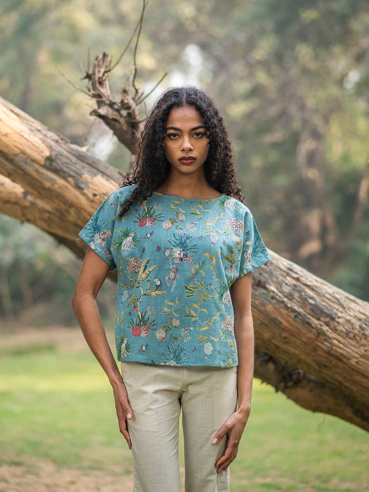 Handprint - Wholesale Blouse - Women's - Square Top Ubud Monkey Teal