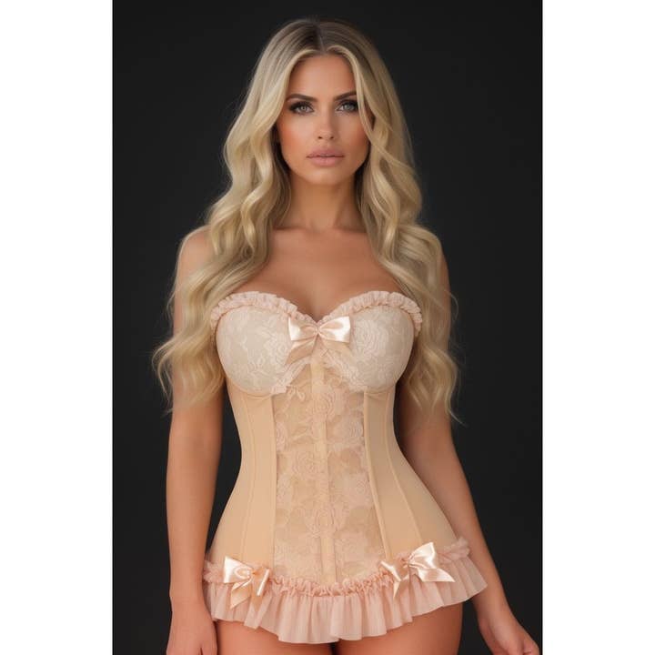 Üppiges Champagner-Lycra- und Spitzen-Haken- und Ösen-Stretch-Bustier-Korsett für den Großhandel von Daisy Corsets