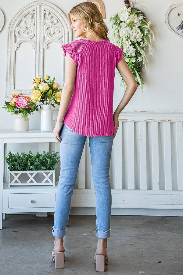 7th Ray – Engroshandel Strikket top - Dame – Solid Rib Knap-Front Flæseærme Top T51564