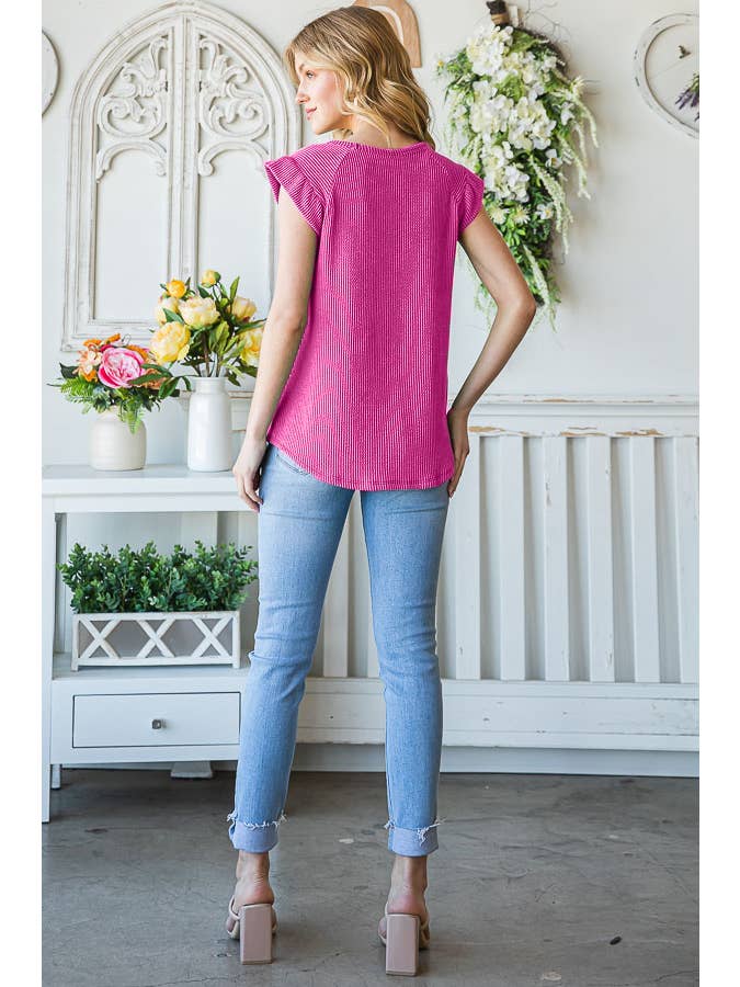 7th Ray – Engroshandel Strikket top - Dame – Solid Rib Knap-Front Flæseærme Top T51564