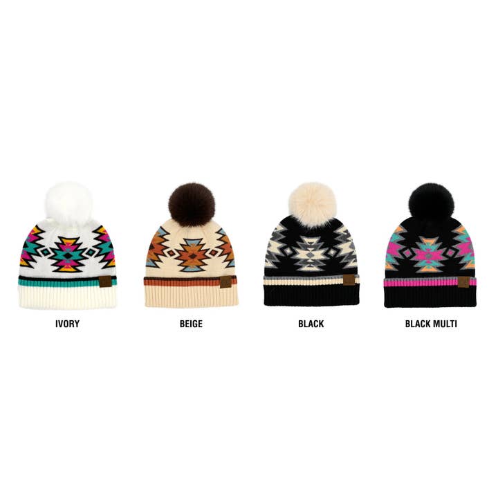 Truly Contagious - Wholesale Beanie - Women's - CC South Western Pattern Faux Fur Pom Beanie ( HTE0030 )
