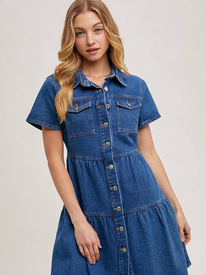 Vestido de mezclilla con volantes y botones frontales para venta al por mayor de Bluivy