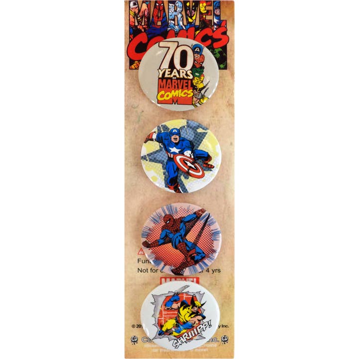Botón pin-on, 1.25 pulgadas, Marvel Comics, set de cuatro para venta al por mayor de Square Deal Recordings & Supplies