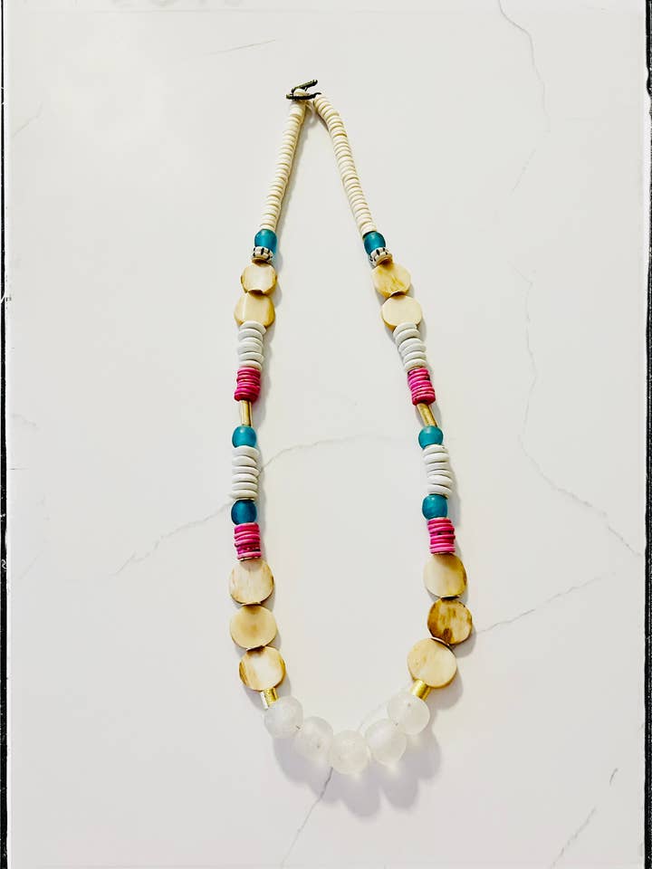 Bone, Glass & Coconut Wood Bead Necklace- Pink Color for wholesale by GentrybyJenna