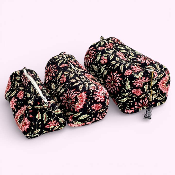 Black and Pink Floral Block Print 100% Cotton Washbag for wholesale by Hayley & Co