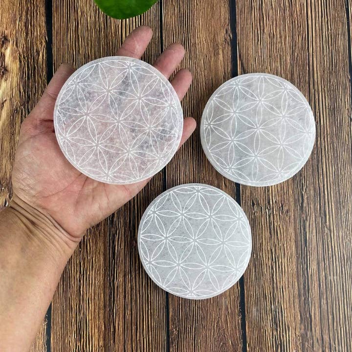 Crystal Selenite Engraved Flower of Life Charging Plate 10cm for wholesale by Rock Paradise