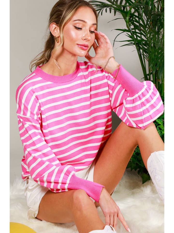 Vine & Love - Wholesale Knit Sweater - Women's - Striped Long Balloon Sleeve Knitted Sweater Top VT60387D21
