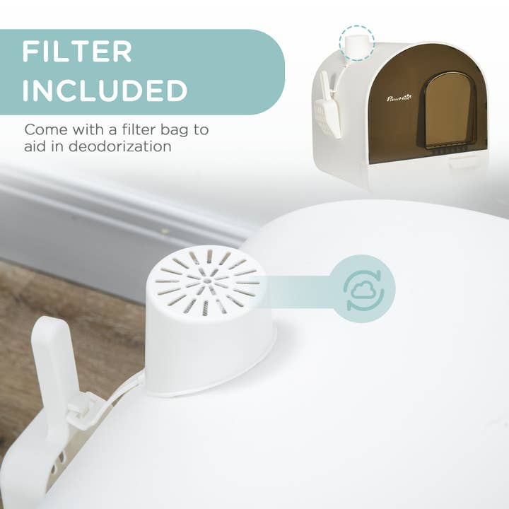 39F Inc. - Wholesale Pet Bowl - Cat/Dog - PawHut Covered Cat Litter Box - White, Tray/Scoop/Filter3