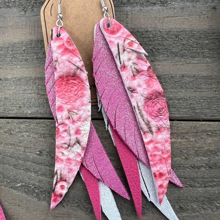 Pink Floral Fringe Feather Leather Earrings for wholesale by Jill's Jewels